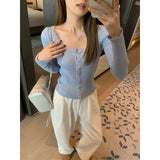 Pure Hot Girl Purple Folded Knitted Cardigan Women Autumn Collar Straight Shoulder Slim Thin Coat Beautiful Short Top