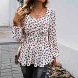 Dili 2025 Autumn/Winter Women's Bubble Sleeves Elegant Broken Flower Long-Sleeved Top