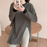 Pure Cotton Large Striped Long-Sleeved T-Shirt Women's Bottoming Shirt In Autumn And Winter With A Long Blouse Loose Belly Cover