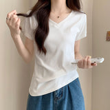 White V-Neck Cotton T-Shirt Women's Half-Sleeved 2026 New Summer Basic Shoulder Small Short-Sleeved Top