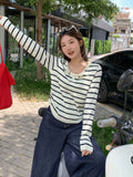 Apricot Stripe Splicing Two Long-Sleeved Knitted T-Shirt Women 2026 Early Autumn Folding Waist Top