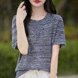 2025 Summer New Round Collar Knitted Short-Sleeved T-Shirt Women's Knitted Knitted Jersey Loose Lazy Blouse Lyselle Thin