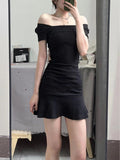 French Summer Vintage Square Temperament Bag Fishtail Short Skirt Hot Girl Black Thin Lotus Leaf Side Dress Girl