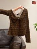 Curry Lace V-Neck High-End Feel Two Long-Sleeved T-Shirt Thick Winter Body Inside And Outside To Wear Clothes