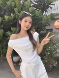 White Irregularly Short-Sleeved T-Shirt Girl 2026 Summer Super Look Ootd Repair Angle Shoulder Coat