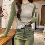 2026 Autumn New Threaded Knitted T-Shirt Women's Design Sense Splicing Short-Sleeved Bottom Shirt Tide