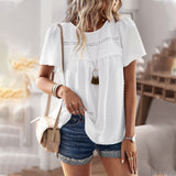 Independent Research And Development Design Round Collar Splicing Top 2025 Spring And Summer Loose Women's Shirt Pure Color