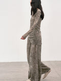 2026 Spring And Summer New Grass Wood Photocopy Long-Sleeved Simulation Silk Top + Tight Waist Folding Leisure Wide Leg Trousers Set