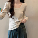 White Flower Gray Cotton Large U Collar Long-Sleeved T-Shirt Design Dew Collar Elasticity To Put On The Bottom Of The Coat