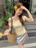 Pure Desire To Word Shoulder Collar Short-Sleeved T-Shirt Women 2026 Summer New Folding Waist Slime Sleeveless Top
