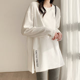 Dehose Plus Velvet Autumn And Winter Bottoming Shirt Women's Long Side Open Fork White T-Shirt Long Sleeve Loose Inside Top