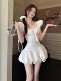 Lace Stitching French Short-Sleeved Dress Women's Summer Bow Ponopne Ponmp Dress Sweet Waist Skirt A Short Skirt