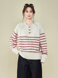 Design-Sensitive Striped Horn Buckle Round Collar Collar Sweater 2026 Autumn And Winter New Knitted Long-Sleeved Top