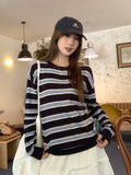 Korean Languid Wind Stripe Round-Neck Knitted Jersey Long-Sleeved Women 2026 Early Autumn New Loose Chic Design Top
