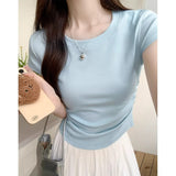 Summer Pure Dopamine Round Necker Shoulder Short T-Shirt Design Sense Flying Sleeves Wrinkle Waist Repair Body Coat