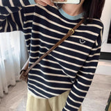 Crash Striped Smiley Face Round Collar Knitted Bottom Shirt Women's Spring And Autumn Design Sense Loose Lazy T-Shirt Top