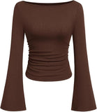 Hottie Solid Color Boat Collar Horn Sleeve T-Shirt Girl 2025 Autumn Dress Folds Thin Tops Long Sleeve
