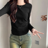 Flower Ash Slim Long-Sleeved Soft-Gripen Mask T-Shirt Women In Early Autumn New Solid Color Folding Thin Design Top