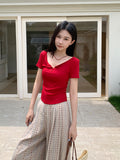 Red Button Half-Neck Round Sleeve 2026 Summer New Folding Repair Slimming Hottie Short Top