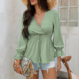 Dili 2025 Spring/Summer Leisure Holiday Style V-Neck Solid Color Collar With Waist Shirt Women's T-Shirt