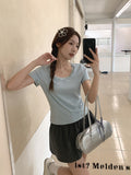 Solid Color Lace Side Splicing Side Collar Short-Sleeved T-Shirt Girl Spring New Sweet Hot Girl Folded Into The Bottom Shirt To Put On The Top