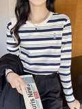 Pure Cotton Bear Embroidered Striped Spring And Autumn Long-Sleeved T-Shirt Woman 2025 New Loose Tie Bottom Collar On The Clothes