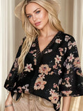 New Tat Lace Wind V Collar Bat Sleeve Print Casual T-Shirt Blouse Chiffon