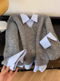 Grey Blue Sweater Shirt Fake Two Stacks Of Women's Autumn And Winter Korean Design Sense Niche Unique Knitted Shirt Top