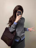 Lazy Wind Gray Fake Two Knitted Cardigan Coat Women Autumn Winter Korean Sweater Bump Color Top Design Sense Niche