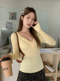 Korean Wearing Yellow V-Neck Long-Sleeved Knitted Shirt Women's Spring And Summer New Pitted Texture Soft-Cuff Small Blouse