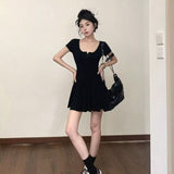 Gray U-Neck Short-Sleeved Dress Woman Summer Small Folded Waist A Skirt Babes Tling Skirt