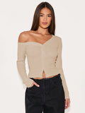 Autumn 2025 Hot Women's Slanted Shoulder Long-Sleeved Button Knitted T-Shirt Y2K Hot Girl Style Repair Body