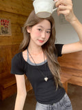 College Wind Fake Two Shoulder Short-Sleeved T-Shirt Women 2026 Summer New Slimming Unique Beauty Blouse