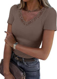2025 Lace Splicing V-Neck Tight Solid Color Short-Sleeved T-Shirt Women's Summer New Pure Desire To Slim Top