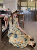 Hong Kong Style Retro Chic Printed Dress Women's Summer High-End Temperament Hanging Super Good-Looking Sleeveless Vest Long Dress