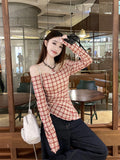 Red Plaid One-Collar Shirt Women 2026 Early Spring New Temperament Sweet Spicy Shoulder Repair Long-Sleeved Shirt Tide