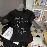 Sweet White Shoulder Short-Sleeved Women's T-Shirt Summer Round Collar Print Letters To The Waist Thin Temperament Chic Short Blouse
