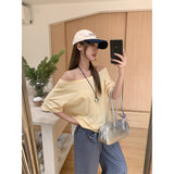 Design With A Sense Of Oblique Shoulder Short Sleeve Female Open Shoulder Short T-Shirt Summer Pure Hot Girl Loose Black Shoulder Clothes