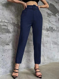 New Casual Pants Slender Slim Slim Belt Decorated Solid Color Straight Sue Nine-Point Pants