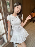 Embroidery Folded Card Waist Thin Round Collar Short Sleeves Of Front-Sleeved Women's T-Shirt Summer Bow Design Sense Of Small Sweet Spicy Top