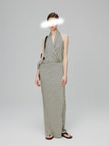 Summer Simulation Silk Elastic Ribbon Striped Hanging Neck Slings One-Packed Skirt Suit