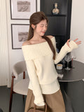Sweet Hottie Beige Word Shoulder-To-Shoulder Long-Sleeved Sweater Women's Autumn And Winter New Korean Wear Knitted Bottom Shirt Top