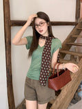 Green Plants Wearing Shoulder Thin Short-Sleeved T-Shirt Women's Summer New Slim 2026V Collar Small Top