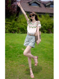 This Year's Popular Beautiful Summer Dress With Denim Skirt Knitted Top Fashion Small Striped Short-Sleeved T-Shirt Girl