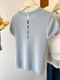 Positive Shoulder Milk Blue Ice Silk Knitted Short-Sleeved T-Shirt Woman 2025 Summer New Design Thin Hollow Top