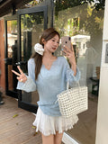 Blue Thin Transparent Sunscreen Long-Sleeved T-Shirt For The Summer New Wooden Ear Design Air Conditioning Hood V Collar Top