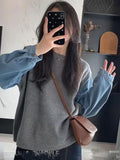Grey Sweater Female Spring And Autumn Cowboy Sleeve Spliced Top Lady 2025 New Burst Cover Fake Two Knitwear