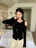Design Chic Temperament Oblique Shoulder Long-Sleeved T-Shirt Autumn New Irregular Opening Open Fork And Dew Shoulder
