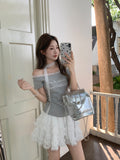Korean Pure-Willed Windy Oblique Letter Print Folded Short-Sleeved T-Shirt For The Summer New Lace Ribbon Belt Waist Top