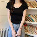 Solid Color Short-Sleeved T-Shirt Women 2025 Summer New Hong Kong Wind Chic Design Round Collar Short Elastic Sympath